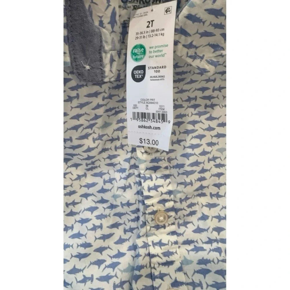NEW toddler boys size 2T Osh Kosh B'Gosh white with blue sharks collared button